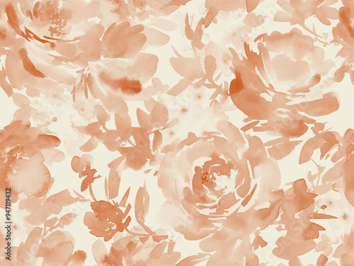 Fototapeta Naklejka Na Ścianę i Meble -  Watercolor Seamless Floral Pattern  with Abstract Hand-painted monochrome brown roses and wild flowers. Rose textile design for fabric and stationary. Hand-drawn rose wallpaper. 