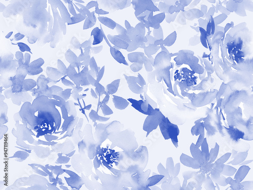 Fototapeta Naklejka Na Ścianę i Meble -  A seamless pattern of abstract blue roses painted in watercolor. Hand-drawn rose wallpaper. A watercolor floral pattern for invitations.