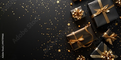 Elegant gift boxes with gold ribbon and confetti on a dark surface photo