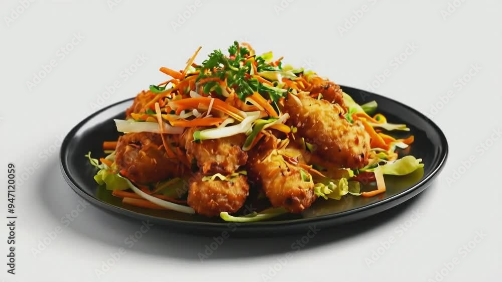 a plate of bakwan, showcasing the crispy, golden-brown fritters with visible pieces of shredded vegetables like carrots, cabbage, and corn, served on black plate, isolated on white background a plate of bakwan, showcasing the crispy, golden-brown fritters with visible pieces of shredded vegetables like carrots, cabbage, and corn, served on black plate, isolated on white background