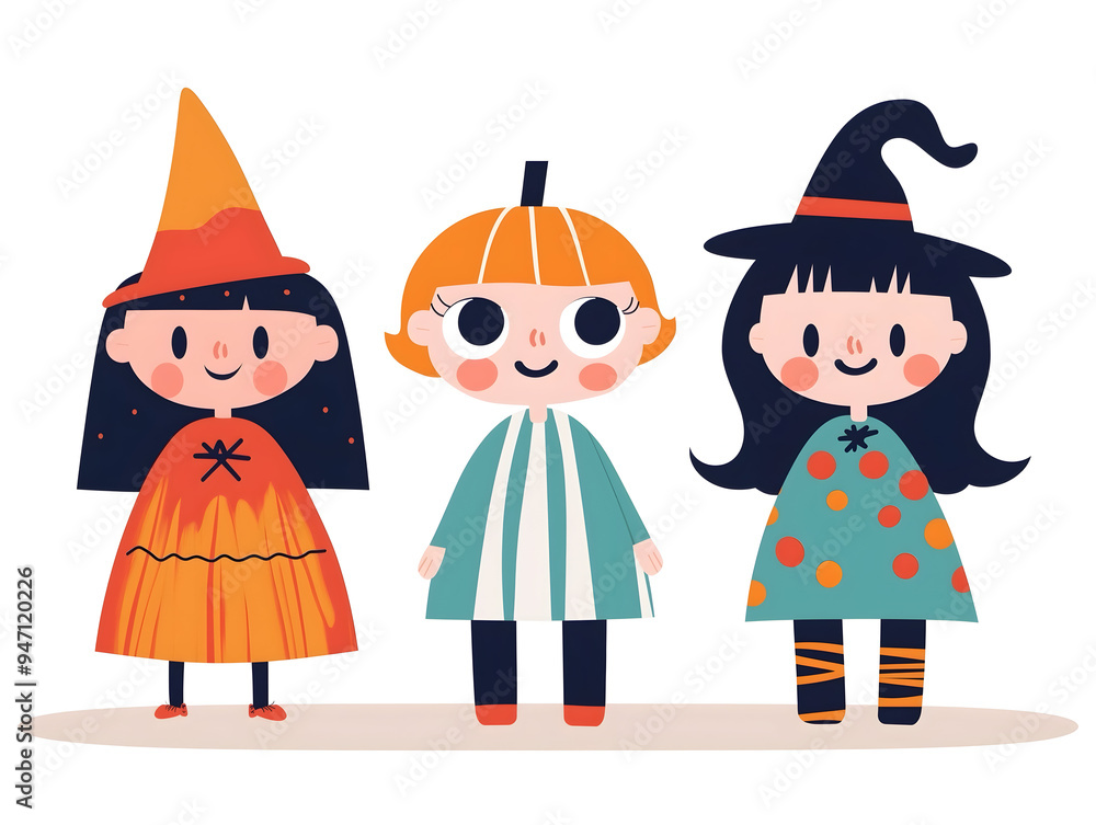 Three children in Halloween costumes—a witch, a pumpkin, and another witch—stand cheerfully, embodying the playful Halloween spirit. Three children in Halloween costumes—a witch, a pumpkin, and another witch—stand cheerfully, embodying the playful Halloween spirit.