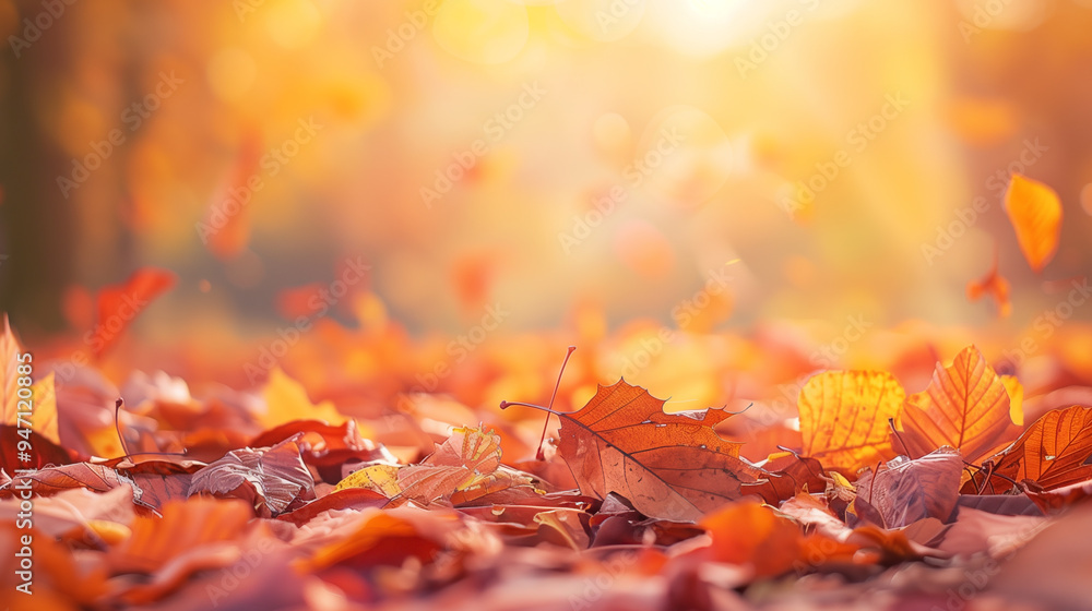 Fototapeta premium Cozy autumn background with dry leaves scattered on the forest floor