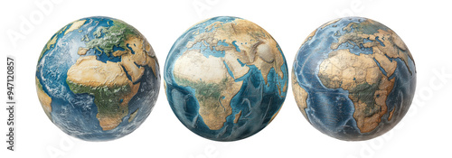 Globe earth set isolated on transparent background, planet, world map, continents, geography, realistic globe illustration, global view. photo