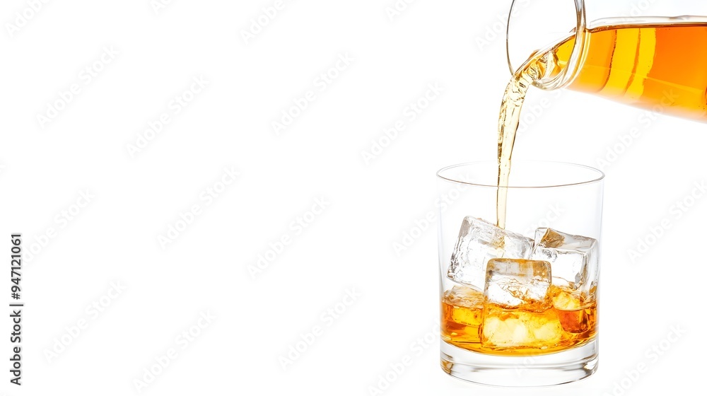 Whiskey Pour with Ice Cubes in Glass Whiskey Pour with Ice Cubes in Glass