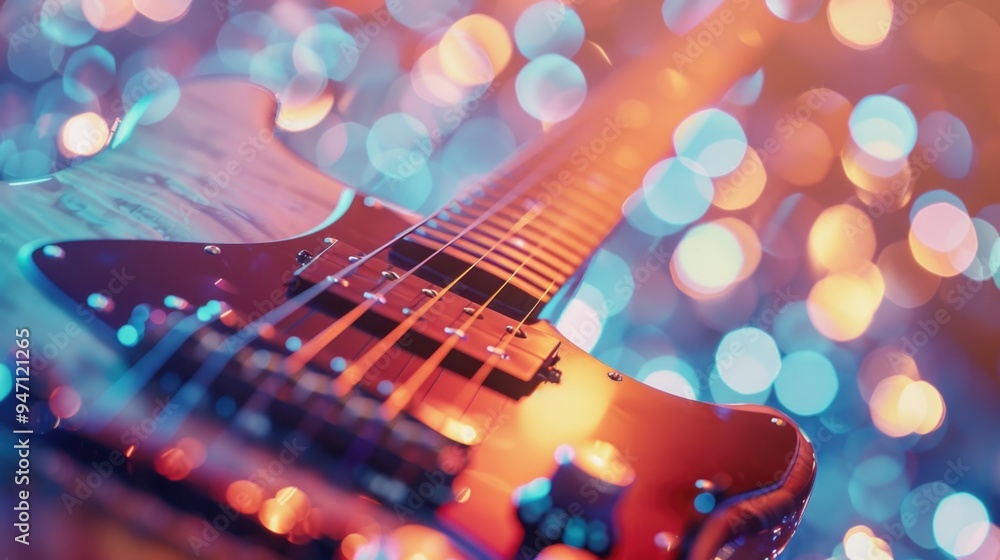 Obraz premium Music holiday composition with close-up electronic guitar on concert background.