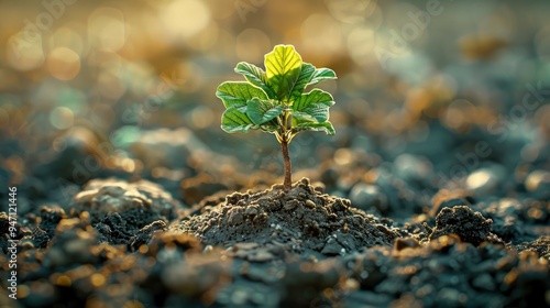 A Single Sapling Grows Amidst a Bed of Pebbles and Golden Light