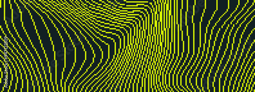Neon dithered curved wavy texture. Black and yellow pixelated glitch lines background. Digitalized distorted stripes for banner, poster, flyer, booklet. Abstract rasterized overlay wallpaper. Vector