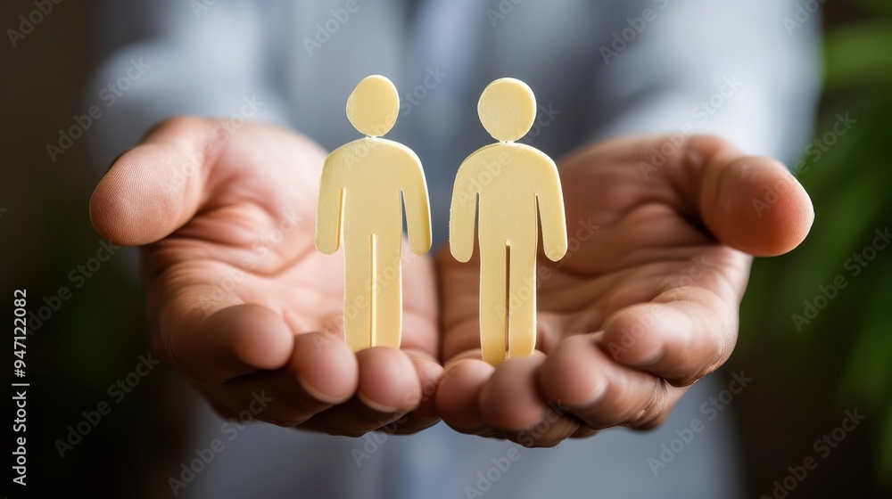 Hands Holding Two Figures: A close-up of open hands cradling two wooden figures, symbolizing concepts like unity, partnership, and protection. Hands Holding Two Figures: A close-up of open hands cradling two wooden figures, symbolizing concepts like unity, partnership, and protection.