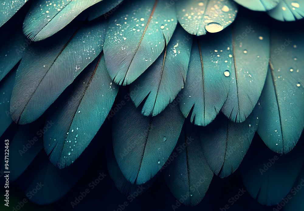 Obraz premium Teal Bird Feathers with Water Drops Close up Macro Texture