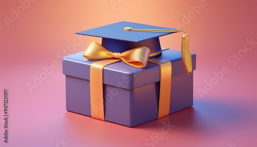 3D graduation gift wrapped in a purple box with a golden bow, 3D illustration photo