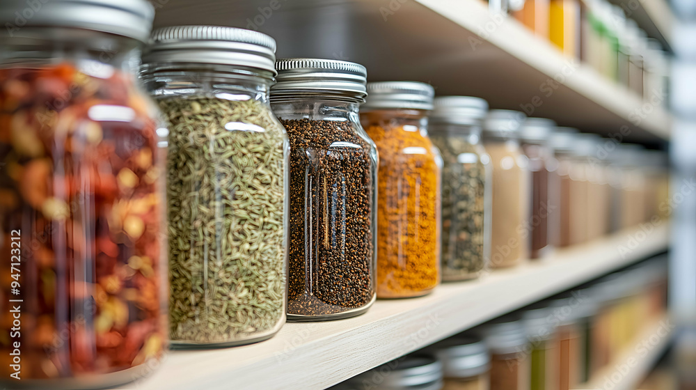 A neatly organized row of assorted spices in glass jars on a pantry shelf, showcasing a variety of herbs and seasonings essential for cooking. A neatly organized row of assorted spices in glass jars on a pantry shelf, showcasing a variety of herbs and seasonings essential for cooking.