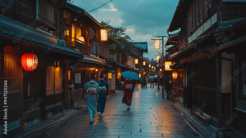 Traditional Japanese Street in Gion District at Dusk with Geishas Walking Traditional Japanese Street in Gion District at Dusk with Geishas Walking