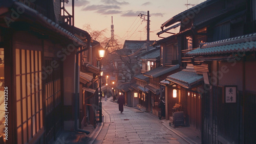 Traditional Japanese Street in Gion District at Dusk with Geishas Walking