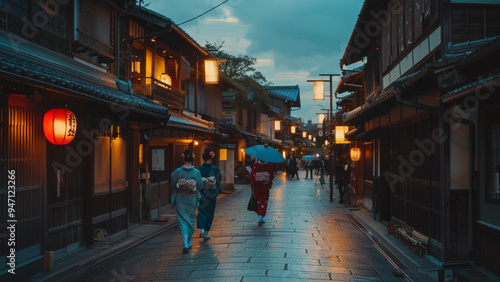 Traditional Japanese Street in Gion District at Dusk with Geishas Walking