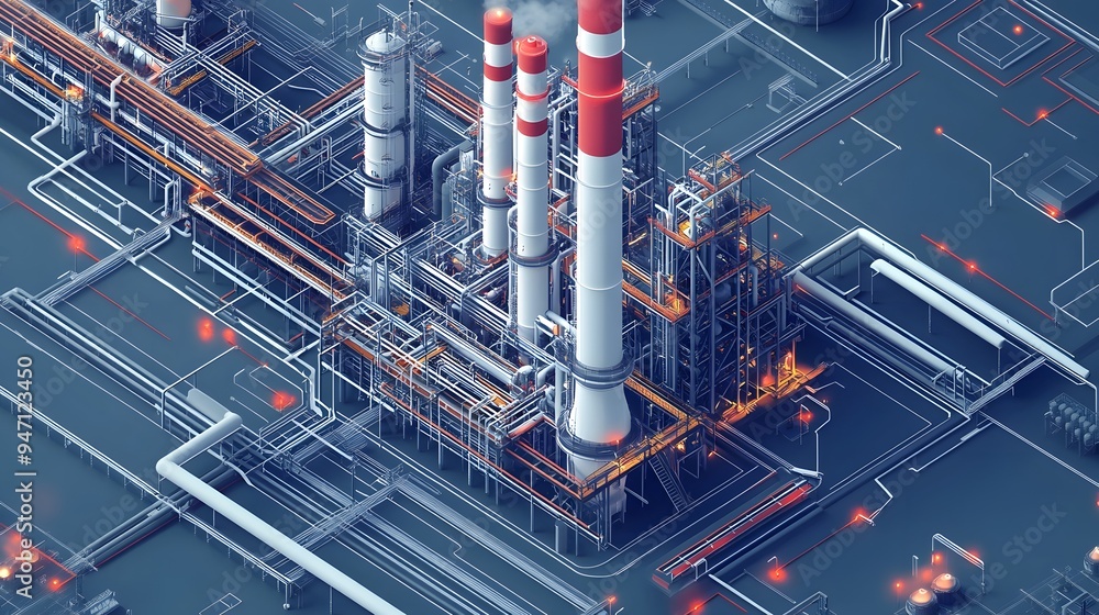 A futuristic industrial cityscape with a lot of machinery and factories. The buildings are tall and the sky is blue A futuristic industrial cityscape with a lot of machinery and factories. The buildings are tall and the sky is blue