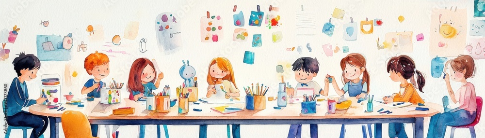 A colorful illustration of children engaged in creative activities at a table, surrounded by art supplies and cheerful decorations. A colorful illustration of children engaged in creative activities at a table, surrounded by art supplies and cheerful decorations.