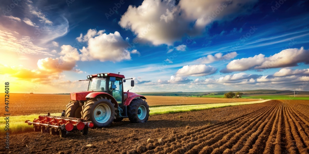 Obraz premium Agricultural tractor with plow in a field, farm, machinery, equipment, rural, agriculture, cultivation, soil, crop, harvest