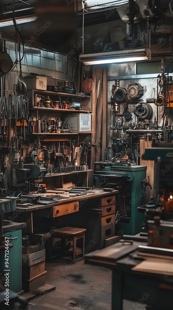 A well-organized metalworking workshop filled with tools and machinery, highlighting the environment of craftsmanship A well-organized metalworking workshop filled with tools and machinery, highlighting the environment of craftsmanship