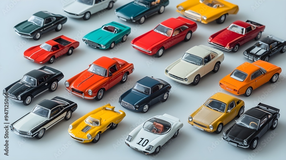 Naklejka premium A collection of diecast model cars arranged on a light solid color background, showcasing intricate detailing and vibrant colors