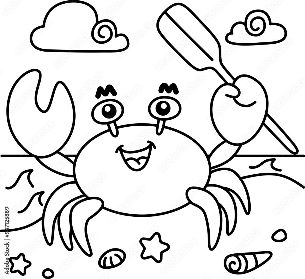Drawing outline crab with an oar in the pincer, in the background the sea.eps Drawing outline crab with an oar in the pincer, in the background the sea.eps