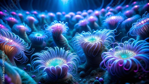 In the dark depths, iridescent tube worms sway, their glowing tendrils entwining in a hypnotic dance, shrouded in velvety darkness and eerie blues, a mystifying sight. photo