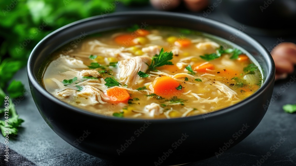 Homemade Chicken Noodle Soup in a Black Bowl Homemade Chicken Noodle Soup in a Black Bowl
