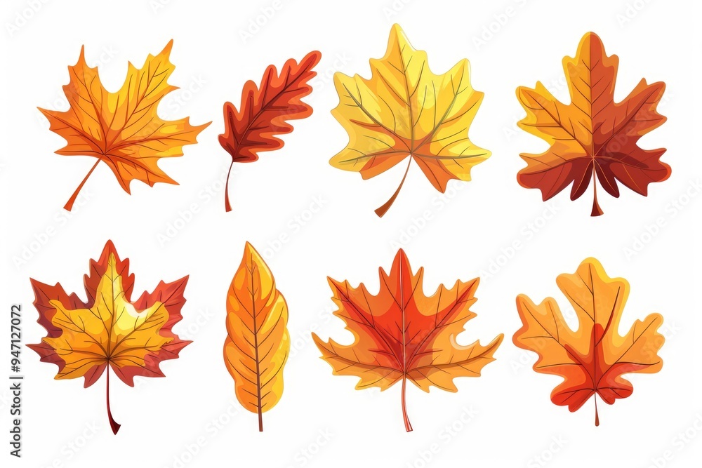 A collection of different colored leaves arranged on a white background, ideal for design and decoration projects A collection of different colored leaves arranged on a white background, ideal for design and decoration projects