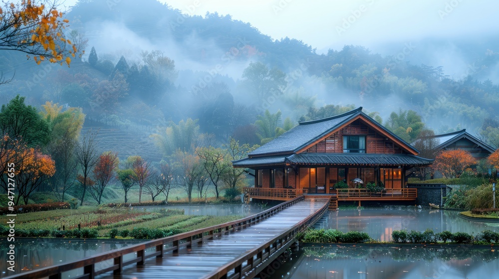 Foggy Mountaintop Retreat with Wooden House and Bridge Foggy Mountaintop Retreat with Wooden House and Bridge