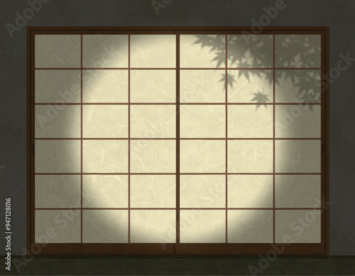 夜の障子の明かりと紅葉の影水彩画
