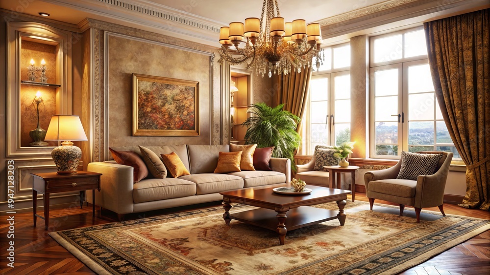 In this tranquil apartment, ornate style and modern simplicity converge, as a warm golden glow casts through a shallow depth of field, inviting relaxation. In this tranquil apartment, ornate style and modern simplicity converge, as a warm golden glow casts through a shallow depth of field, inviting relaxation.