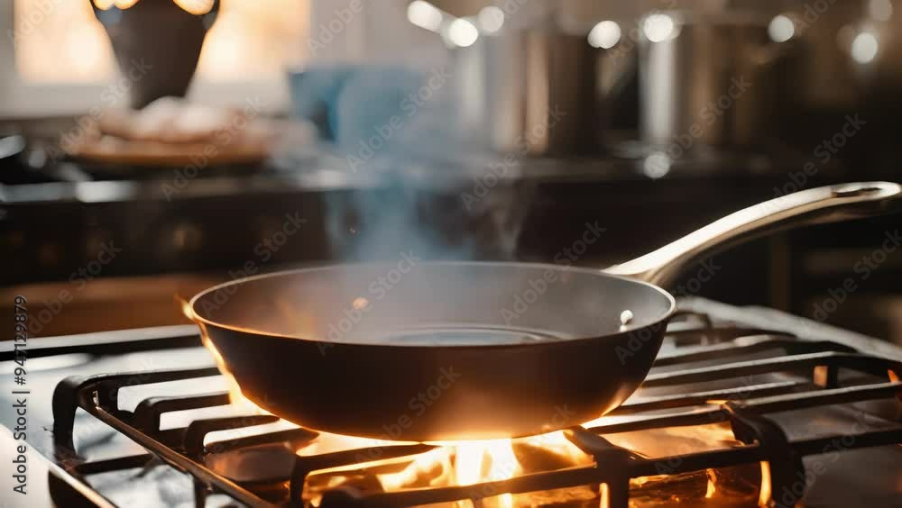 Cooking Scene with Hot Frying Pan on Stove Cooking Scene with Hot Frying Pan on Stove