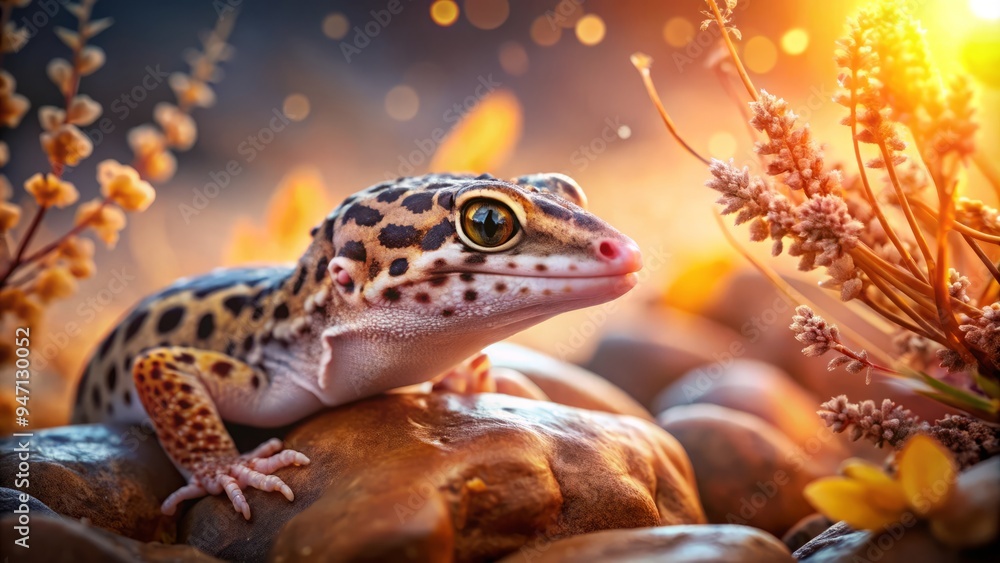 Naklejka premium Leopard gecko lounges on weathered desert stones, glistening scales and curious gaze captivating the lens. Morning dew and wispy foliage create a serene atmosphere, evoking mystery and wonder.