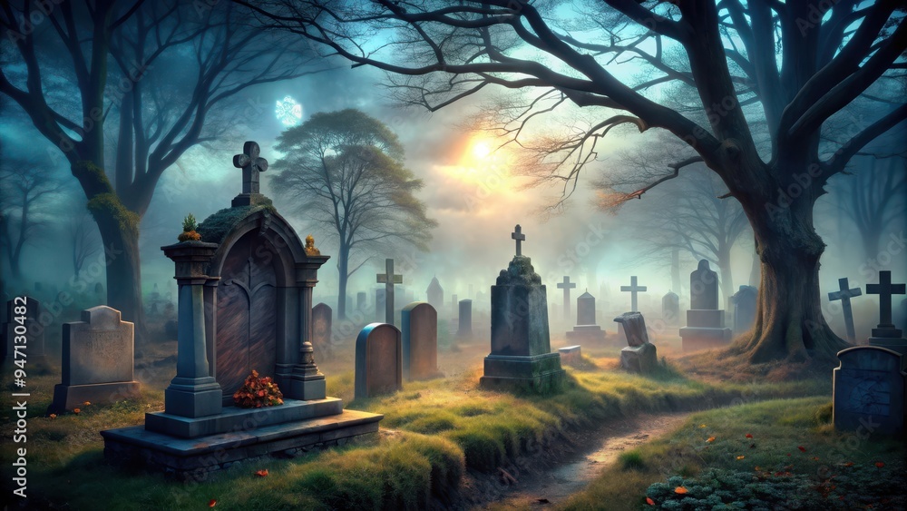 An empty grave in a spooky graveyard setting, grave, cemetery, burial, death, Halloween, spooky, eerie, tombstone, headstone An empty grave in a spooky graveyard setting, grave, cemetery, burial, death, Halloween, spooky, eerie, tombstone, headstone