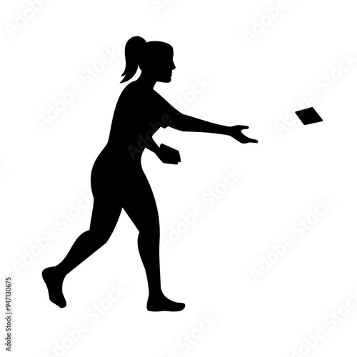 Stencil illustration of silhouette of a female cornhole player throwing a bean bag, a lawn game aka sack toss, or bags viewed from side on isolated background done in black and white retro style.
