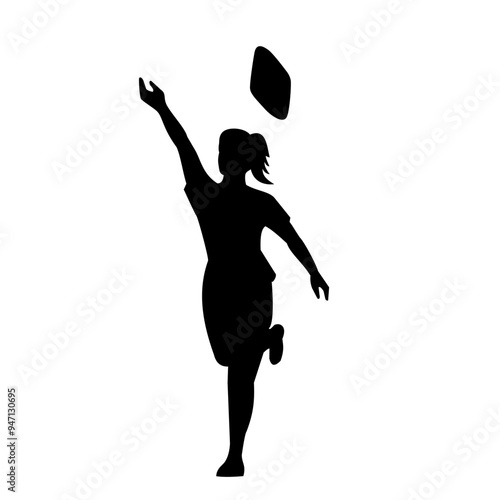 Stencil illustration of silhouette of a female cornhole player throwing a bean bag, a lawn game aka sack toss, or bags viewed from front on isolated background done in black and white retro style.
