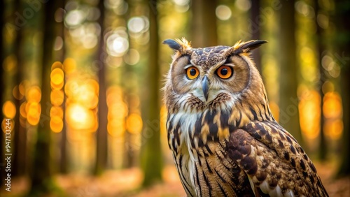 Close-up photo of a beautiful chouette owl standing in a forest setting, chouette, owl, bird, wildlife, nature