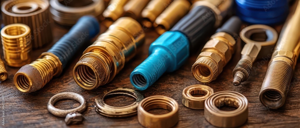 Collection of various plumbing fittings and tools arranged neatly on a wooden surface with an industrial aesthetic Collection of various plumbing fittings and tools arranged neatly on a wooden surface with an industrial aesthetic