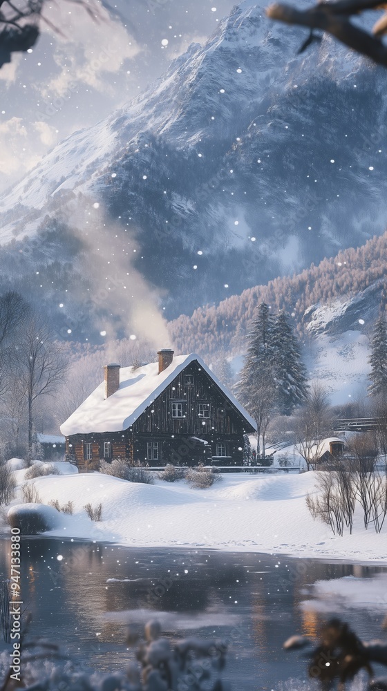 Snowy mountain cabin with smoke rising from the chimney in a serene winter landscape at dusk with falling snow Snowy mountain cabin with smoke rising from the chimney in a serene winter landscape at dusk with falling snow