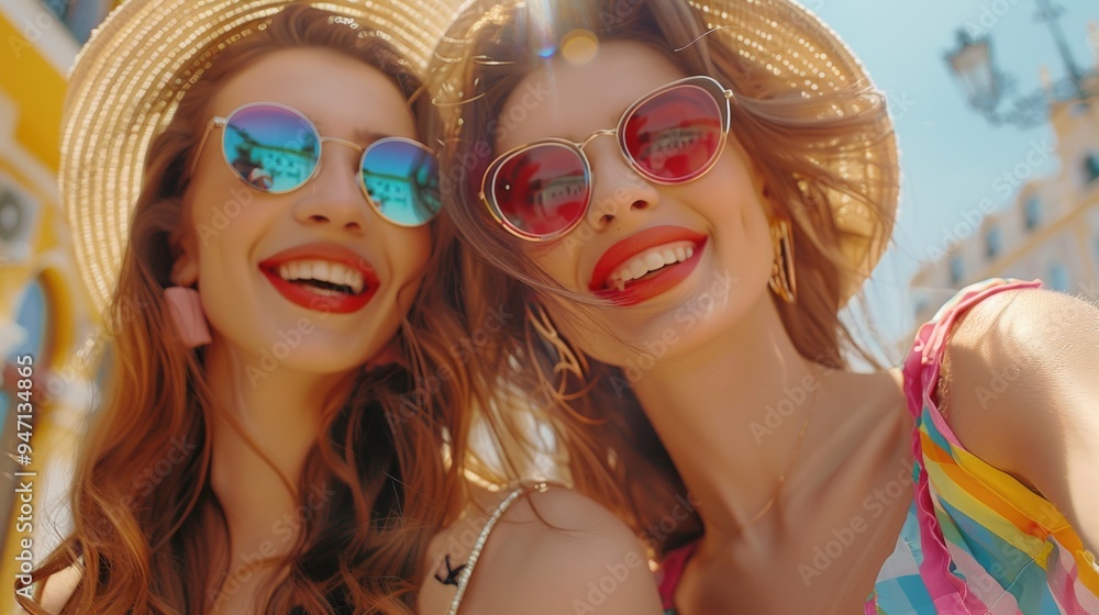 Obraz premium Two women with sunglasses and hats posing for a selfie