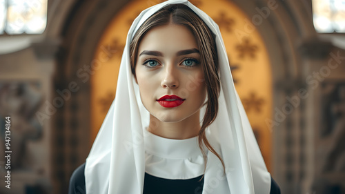 Attractive young woman with red lipstick and christian nun habit with veil. Generative AI photo