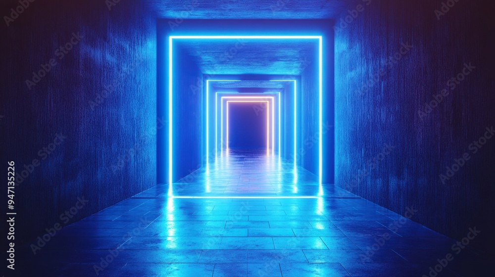 Futuristic neon door formed by blue lines of light in a symmetrical composition, featuring high contrast and a square opening illuminated by bright white lights. Futuristic neon door formed by blue lines of light in a symmetrical composition, featuring high contrast and a square opening illuminated by bright white lights.
