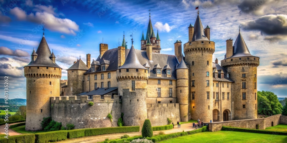 Majestic castle with towering turrets and stone walls, fortress, medieval, royalty, architecture, historic, kingdom Majestic castle with towering turrets and stone walls, fortress, medieval, royalty, architecture, historic, kingdom