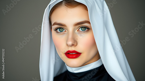 Attractive young woman with red lipstick and christian nun habit with veil. Generative AI photo