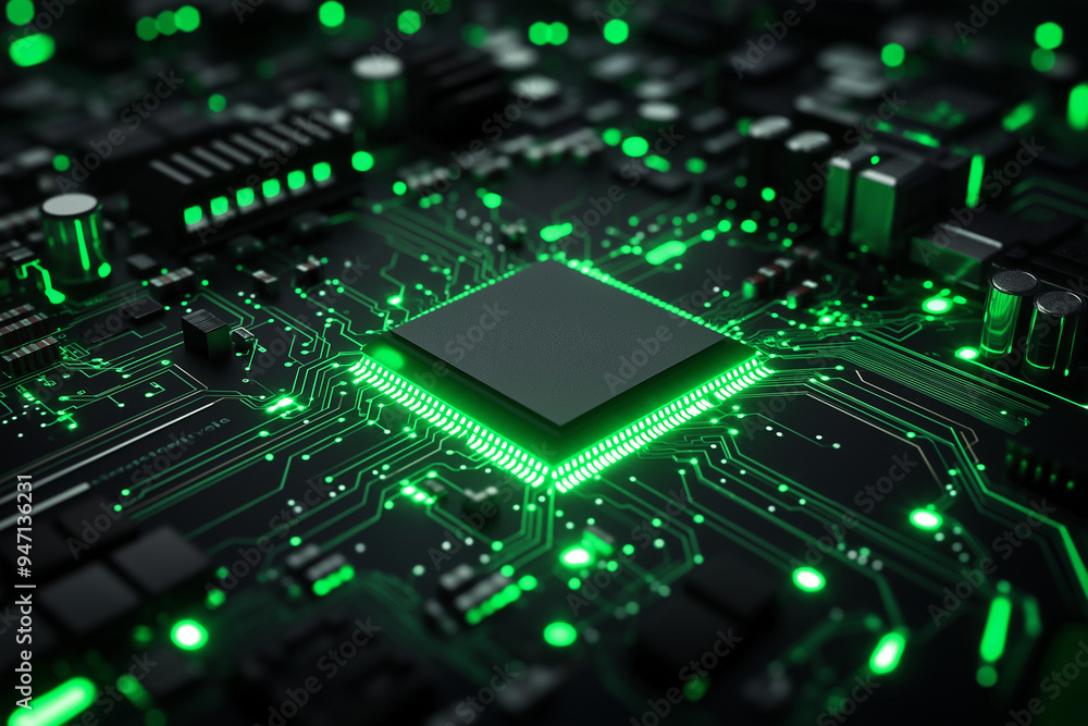 Microcircuit Board with Glowing Green Pathways Microcircuit Board with Glowing Green Pathways