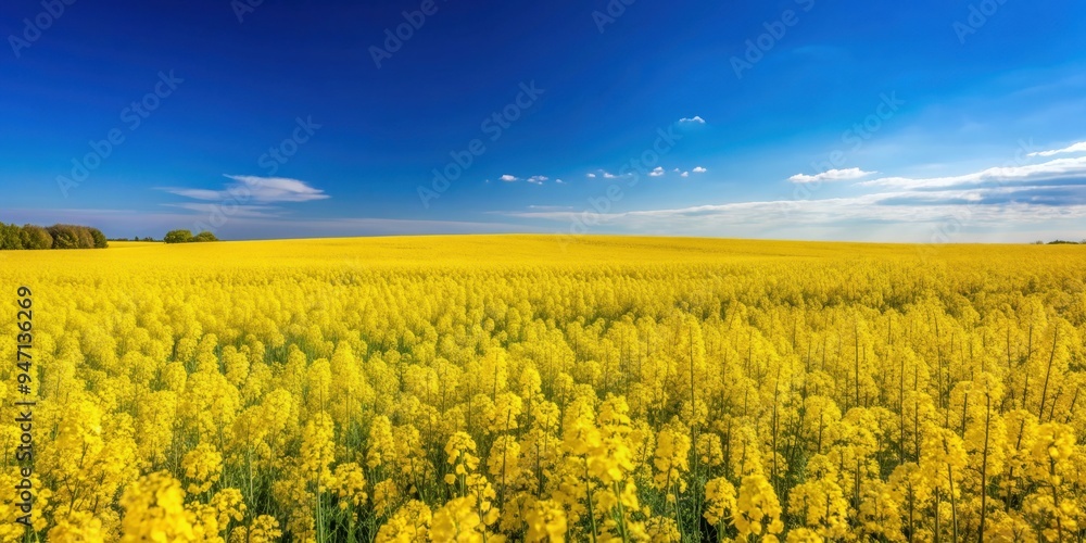 Fototapeta premium Rapeseed field with vibrant yellow flowers under clear blue sky, canola, rapeseed, field, flowers, blooming, yellow