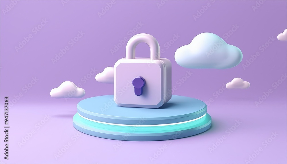 3D rendered padlock on a platform with clouds. Conceptualization of digital security, data protection, or cloud computing in a minimalist design. 3D rendered padlock on a platform with clouds. Conceptualization of digital security, data protection, or cloud computing in a minimalist design.