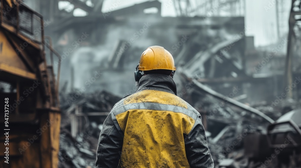 Firefighter Assessing Damage at a Disaster Site Firefighter Assessing Damage at a Disaster Site