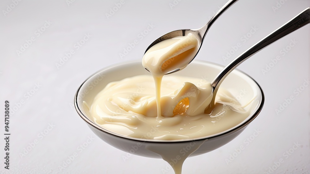 vanilla ice cream with spoon,pouring milk into a glass,A spoon field with creamy condensed milk show casing vanilla ice cream with spoon,pouring milk into a glass,A spoon field with creamy condensed milk show casing