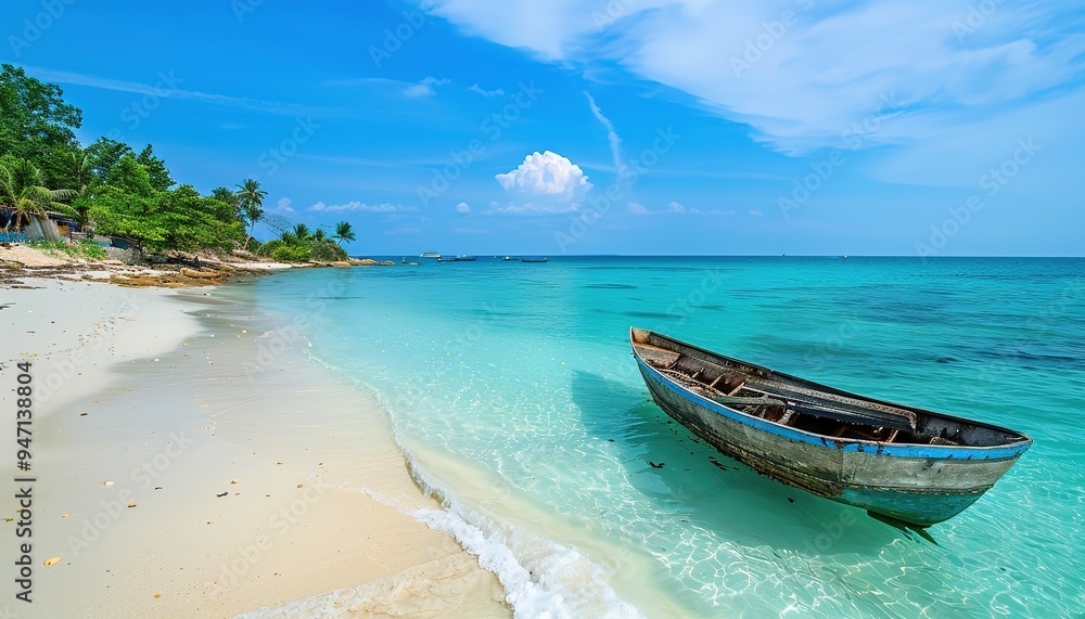 Boat on the beach, blue sky beach view Boat on the beach, blue sky beach view