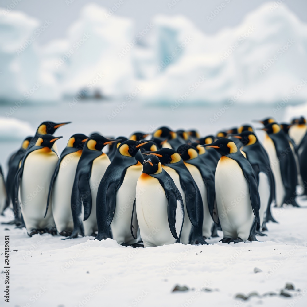 Obraz premium A lively group of emperor penguins gathers on the snowy landscape of Antarctica, showcasing their distinct black and white feathers and bright orange markings